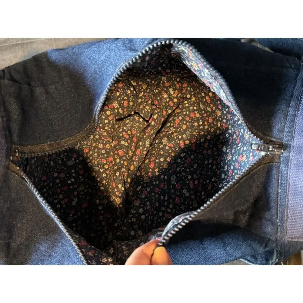 Handmade Denim Crossbody Shoulder Purse Folded Star Patchwork Floral Calico OOAK